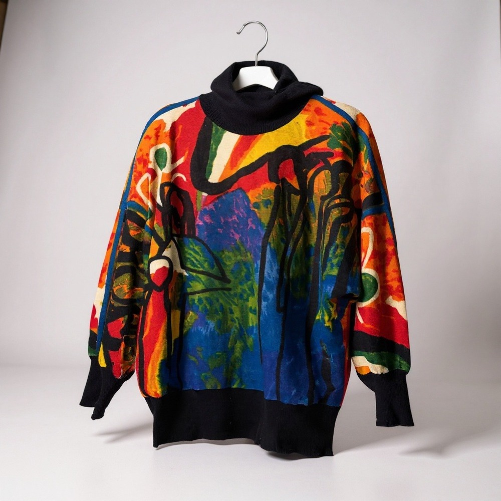 IB DIFFUSION Abstract‎ Art Print Turtleneck Sweater Multi Color Lambswool Blend